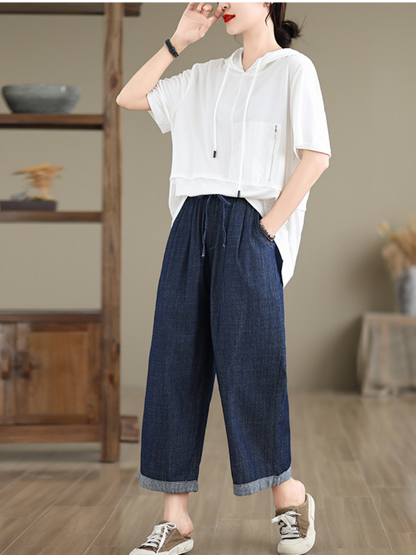 Chic Cotton Wide-Leg Pants, Cropped Drawstring Trousers for Effortless Style