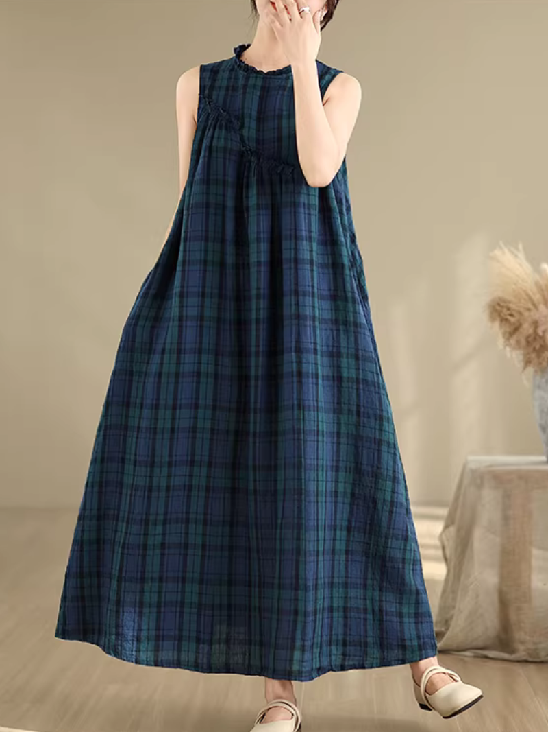 Sleeveless Plaid Maxi Dress in Airy Cotton Linen Blend Elegance