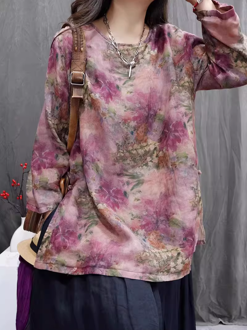 Painterly Floral Cotton Linen Tunic Blouse with Relaxed Long Sleeves
