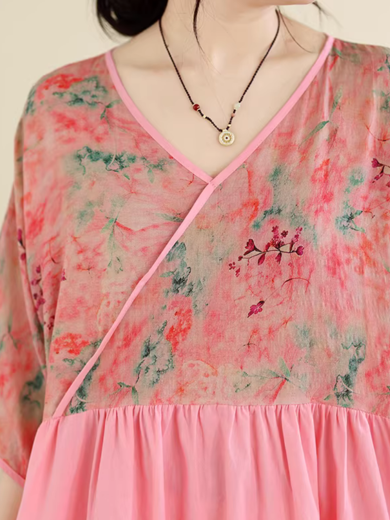 Floral Kimono-Top V-Neck Maxi Dress in Viscose Blend Chic Silhouette