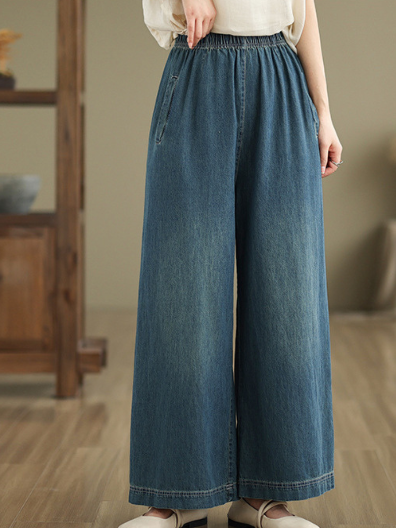 Fluid Wide-Leg Denim Cotton Pants with Elastic Waist and Pockets