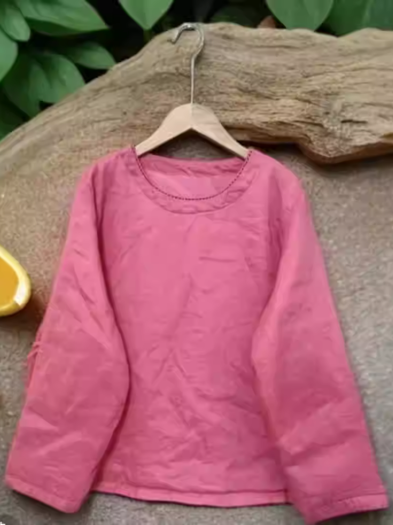 Minimal Long-Sleeve Cotton Blouse with Round Neckline, Effortless Women’s Top