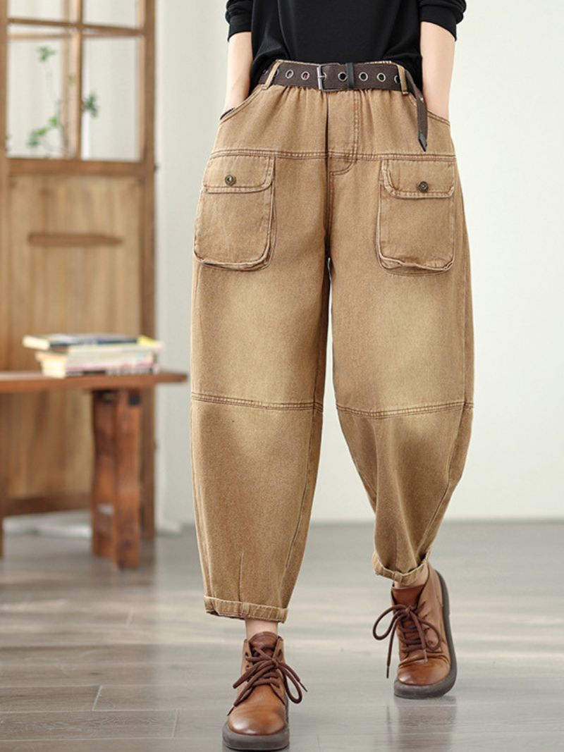High-Waist Denim Cotton Cargo Pants with Belt, Relaxed Barrel Leg