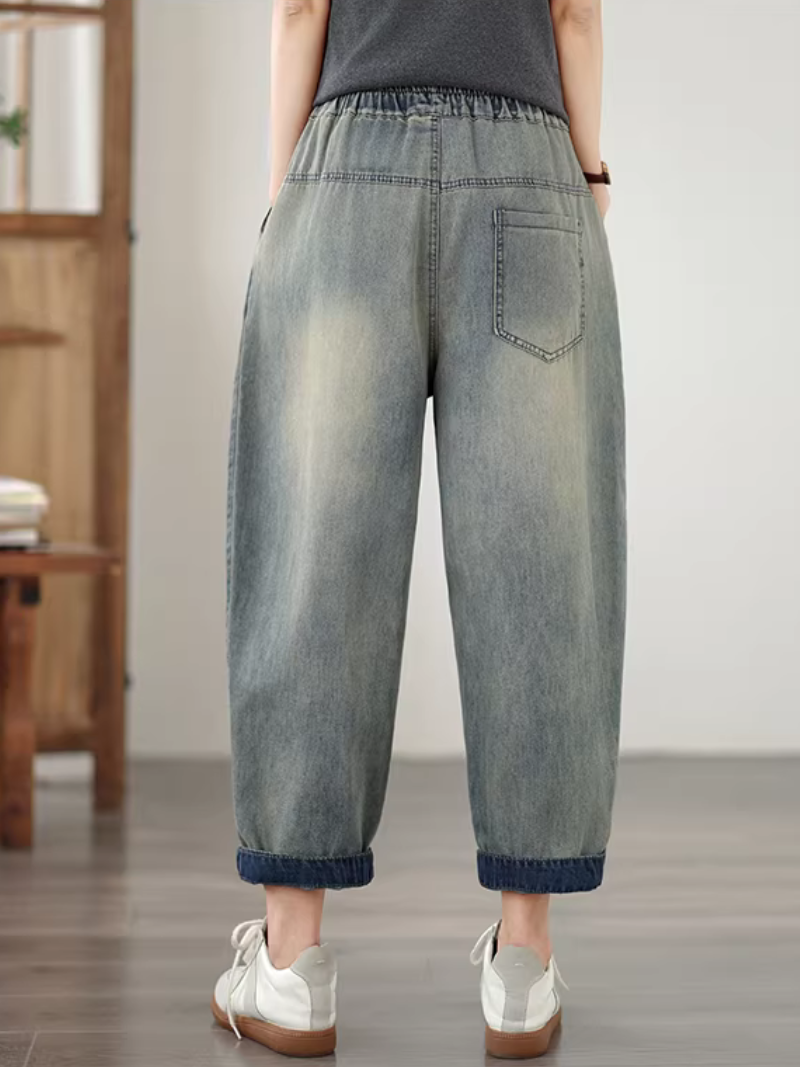 Artsy Butterfly Print Relaxed Denim Pants with Elastic Waist Cropped Hem