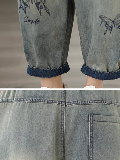 Artsy Butterfly Print Relaxed Denim Pants with Elastic Waist Cropped Hem