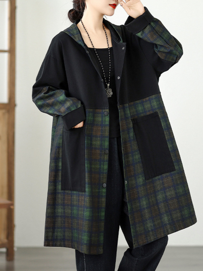 Longline Denim Cotton Plaid Shacket Coat with Hood and Pockets