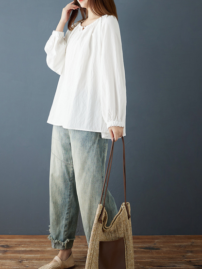 Cotton-Linen Peasant Blouse with Ruffled Cuffs for Effortless Summer Style