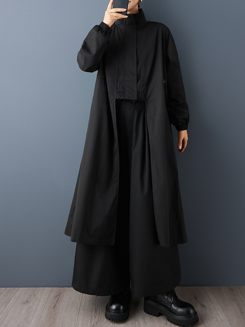 Minimalist Stand-Collar Drawstring Trench Coat, Oversized Longline Everyday Elegance