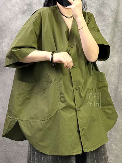 Chic Oversized Shirt in Cotton-Blend with Curved Hem and Pockets