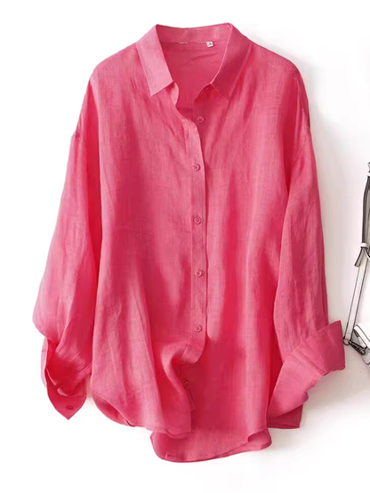 Chic Oversized Ramie Shirt, Button-Front Ease and Relaxed Collared Draping