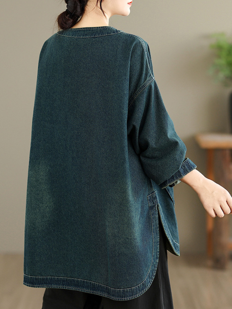 Oversized Denim Cotton Top with Curved Hem and Statement Pocket