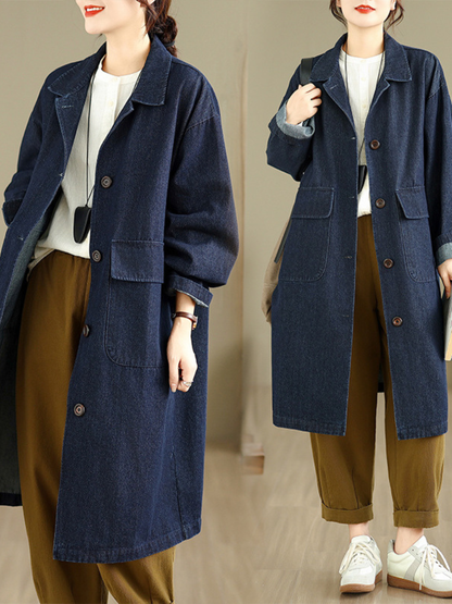 Relaxed Longline Denim Coat in Cotton with Patch Pockets, Effortless Chic