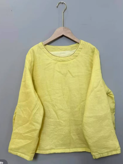 Minimal Long-Sleeve Cotton Blouse with Round Neckline, Effortless Women’s Top