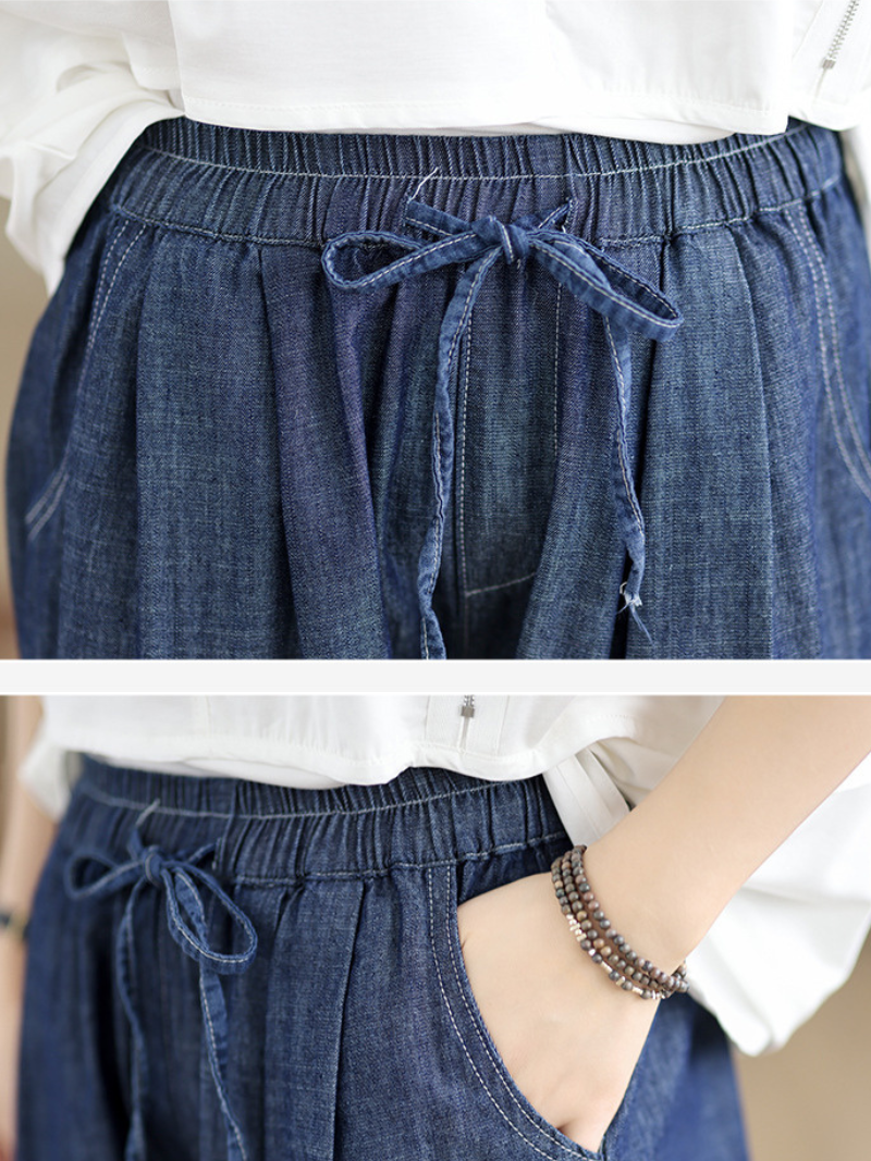 Chic Cotton Wide-Leg Pants, Cropped Drawstring Trousers for Effortless Style