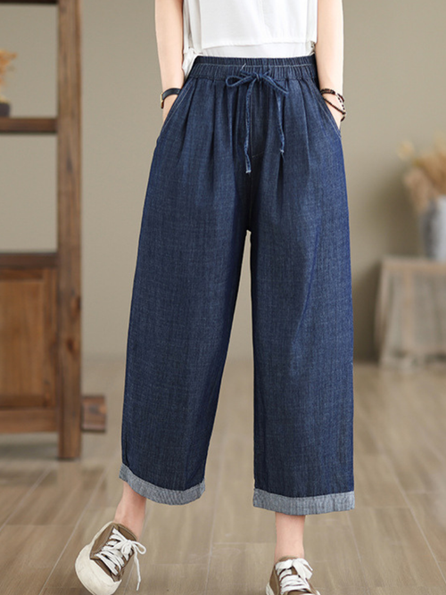 Chic Cotton Wide-Leg Pants, Cropped Drawstring Trousers for Effortless Style