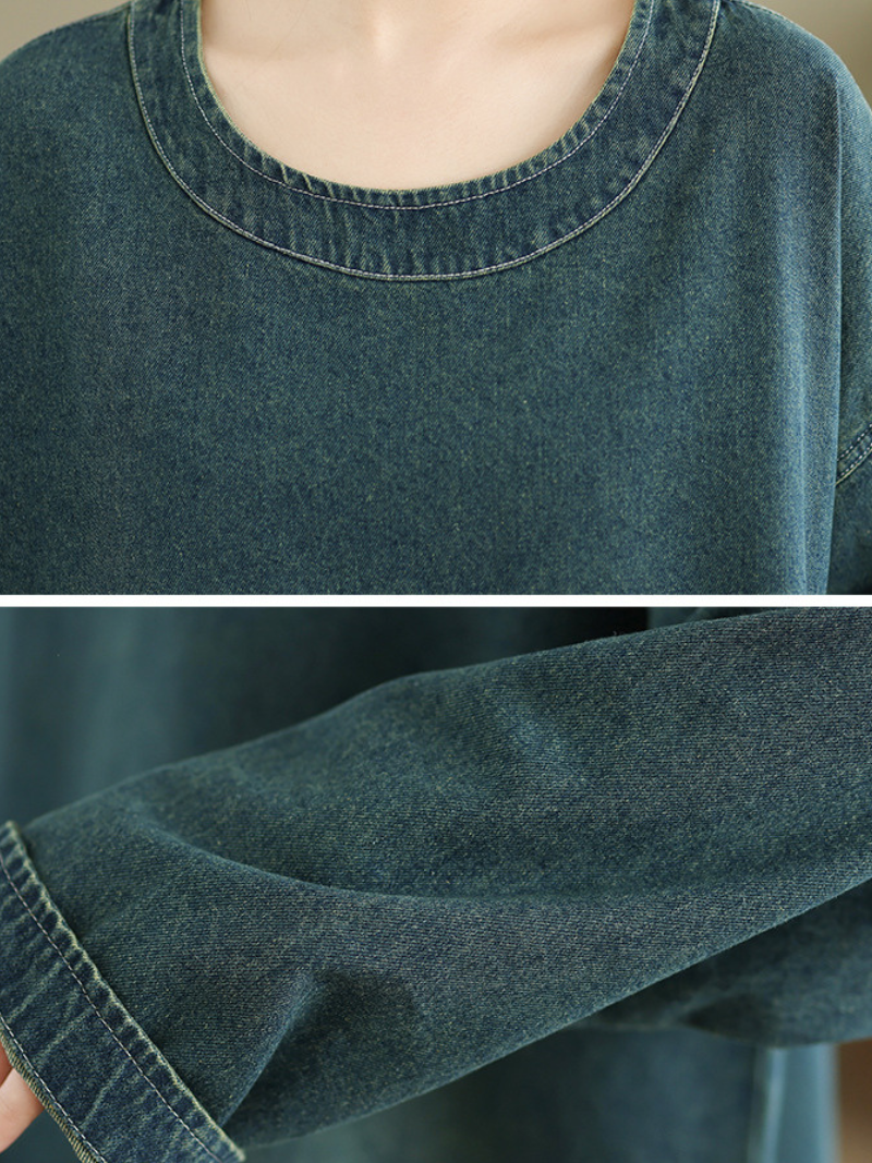 Oversized Denim Cotton Top with Curved Hem and Statement Pocket