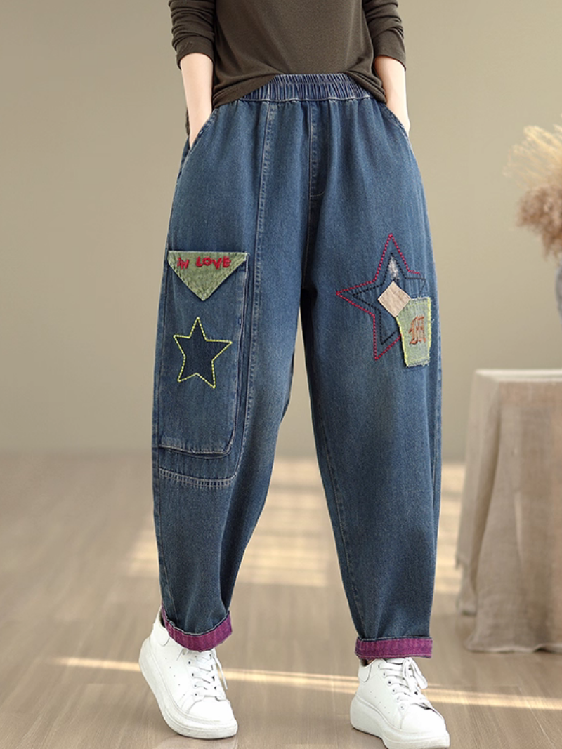 Artful Patchwork Harem Denim Pants, Relaxed Tapered Silhouette for Women