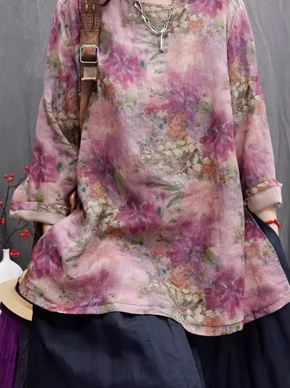 Painterly Floral Cotton Linen Tunic Blouse with Relaxed Long Sleeves