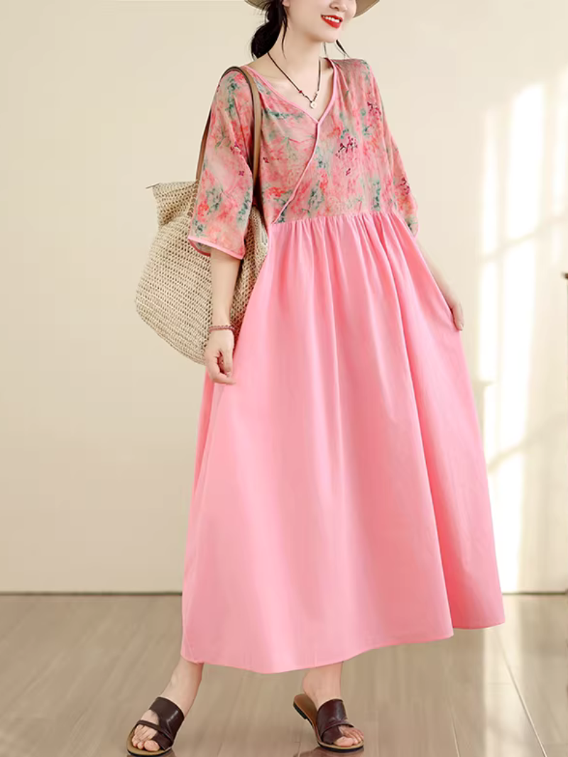 Floral Kimono-Top V-Neck Maxi Dress in Viscose Blend Chic Silhouette
