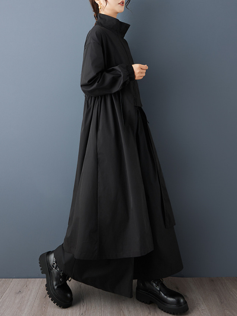 Minimalist Stand-Collar Drawstring Trench Coat, Oversized Longline Everyday Elegance