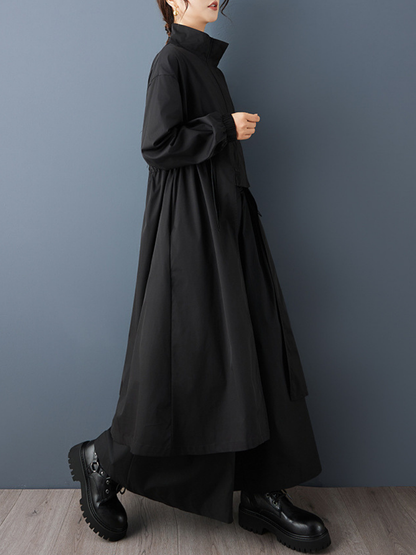 Minimalist Stand-Collar Drawstring Trench Coat, Oversized Longline Everyday Elegance
