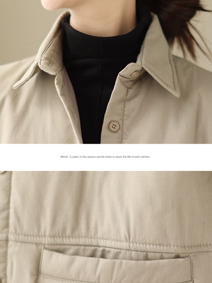 Minimalist cotton-nylon women's jacket, relaxed shacket with refined button front