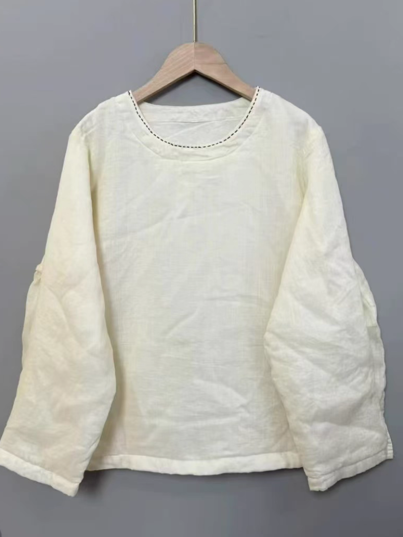 Minimal Long-Sleeve Cotton Blouse with Round Neckline, Effortless Women’s Top