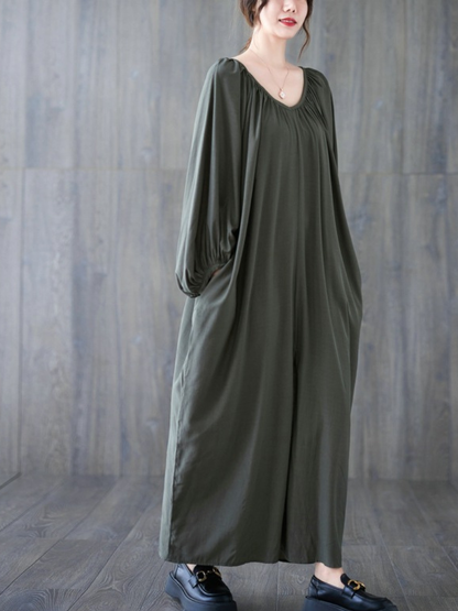 Gathered Neck Viscose Maxi Dress with Belt and Bishop Sleeves