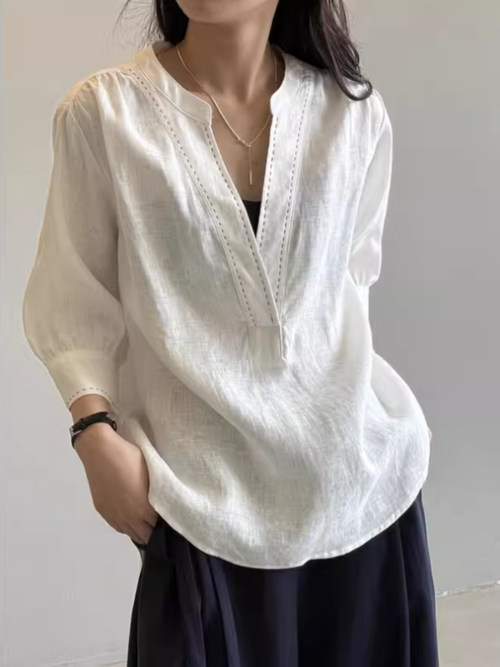 Elegant Notched-Neck Cotton Linen Blouse, 3/4 Sleeve Summer Top for Effortless Days