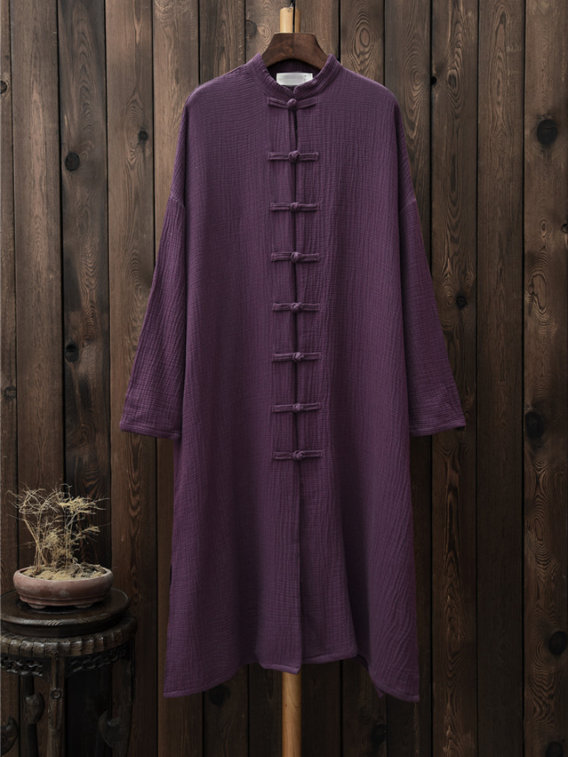 Elegant Cotton-Linen Mandarin Collar Midi Tunic Dress with Frog Buttons