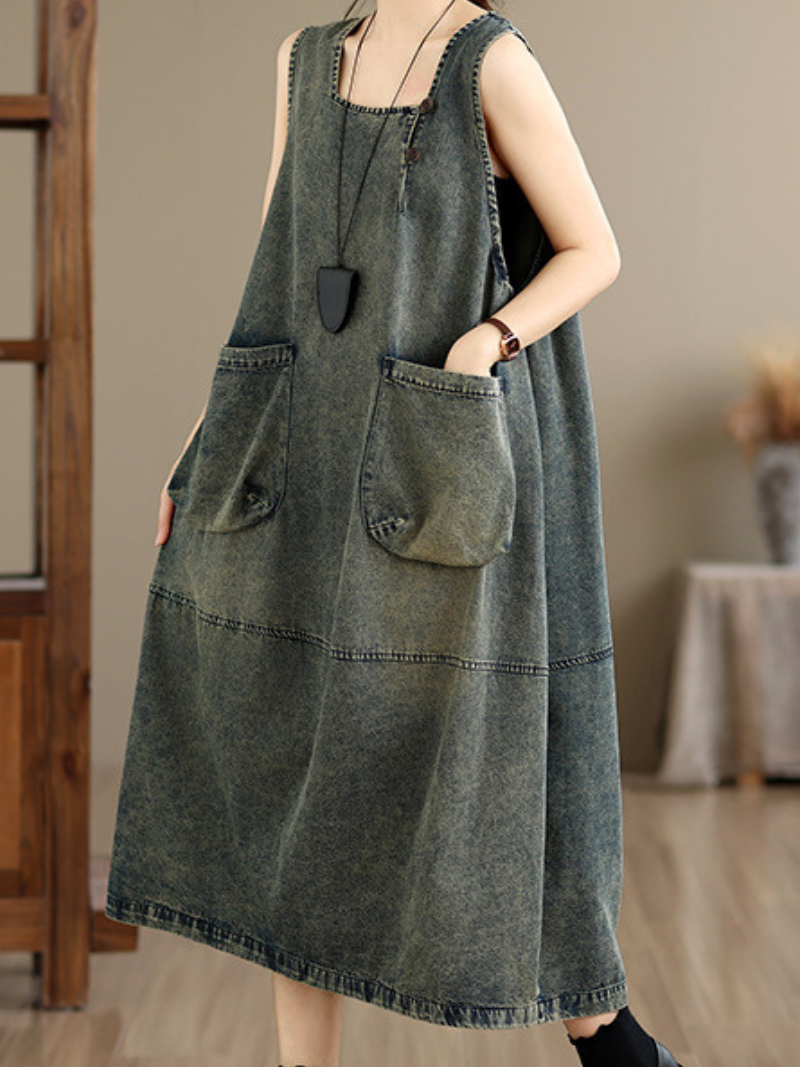 Artisan Denim Cotton Pinafore Midi Dress with Sculpted Pockets