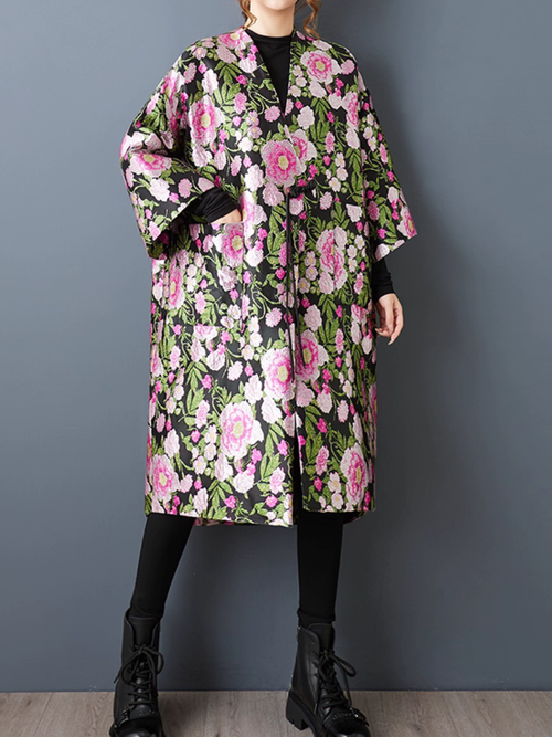 Artful Floral Jacquard Kimono Duster, Oversized Floral Coat Layering Piece