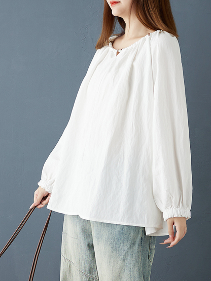 Cotton-Linen Peasant Blouse with Ruffled Cuffs for Effortless Summer Style