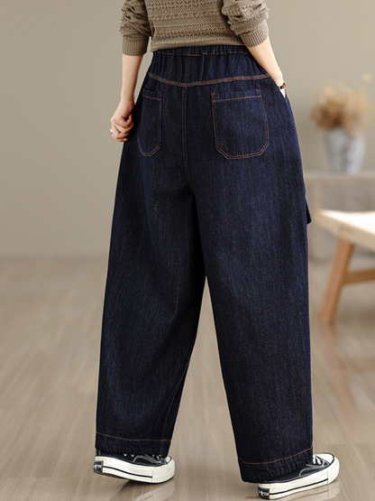Artful Wide-Leg Denim Pants with Oversized Pockets and Drawstring Waist