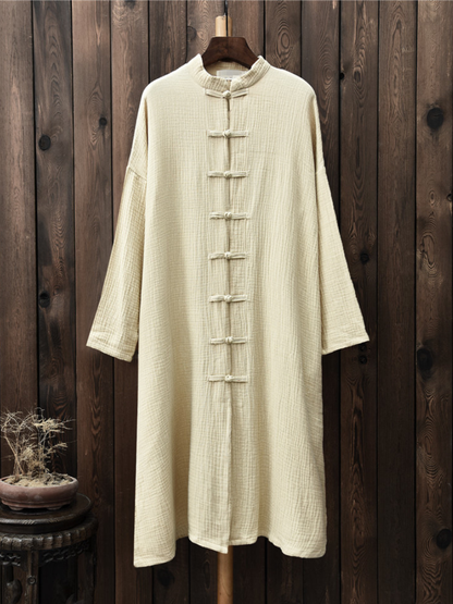 Elegant Cotton-Linen Mandarin Collar Midi Tunic Dress with Frog Buttons
