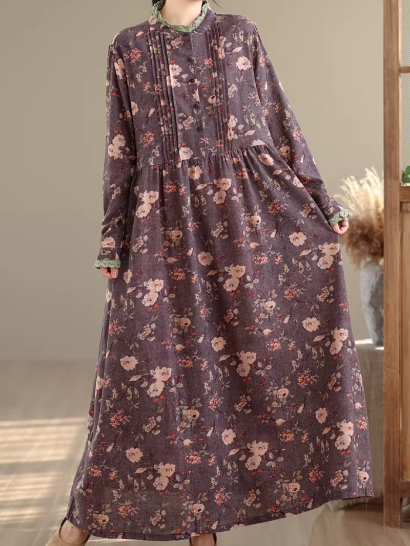 Artful Floral Cotton Boho Maxi Dress with Pintucks and Long Sleeves