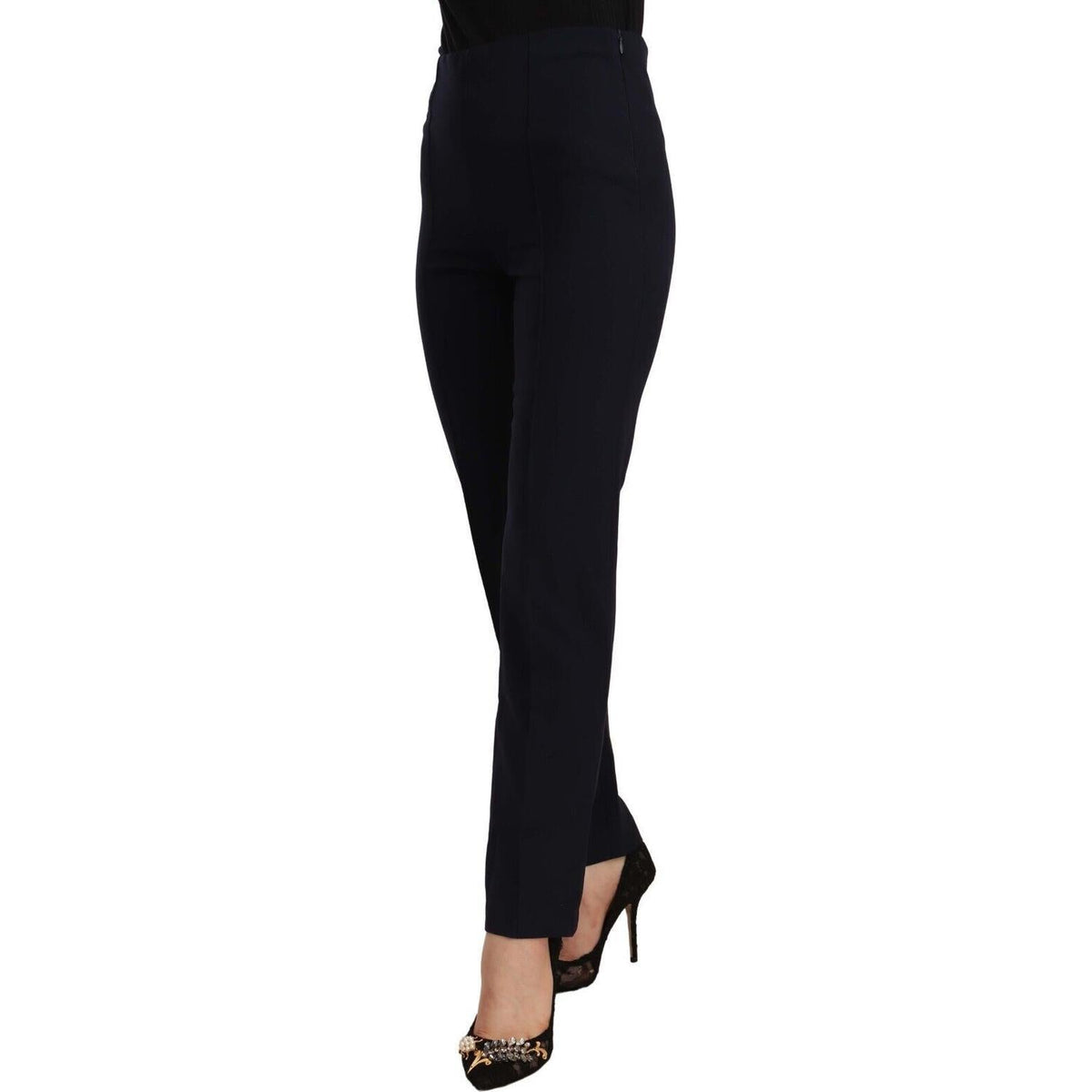AGLINI Black High Waist Polyester Women Straight Pants