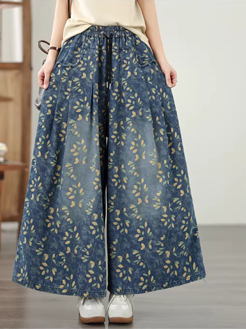 Floral Denim Cotton Palazzo Pants with Pockets, Elegant Wide-Leg Trousers