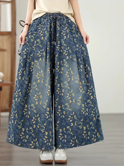 Floral Denim Cotton Palazzo Pants with Pockets, Elegant Wide-Leg Trousers