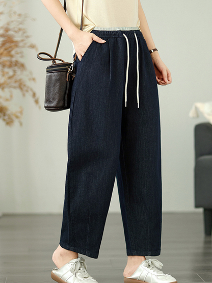 Chic Relaxed Wide-Leg Denim Cotton Pants with Drawstring Waistband for Women