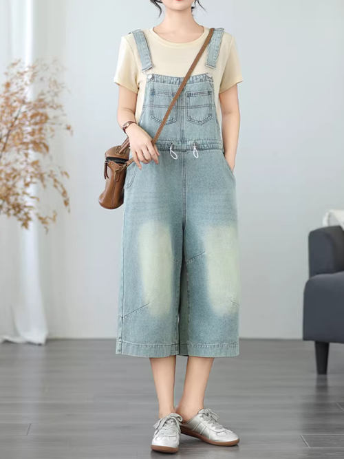 Relaxed Culotte Denim Overalls with Adjustable Straps in Soft Cotton