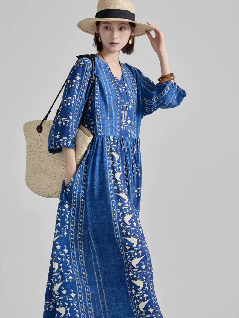 Artisanal Stripe Print V-Neck Maxi Dress in Luxe Nylon-Cotton Blend