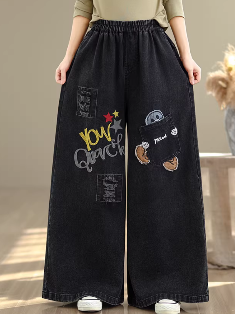 Artful Wide-Leg Jeans in Denim Cotton with Playful Patchwork Details