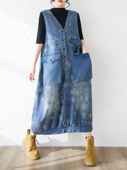 Floral Patchwork Denim Dress Pinafore Maxi with Oversized Pockets, Effortless Poise