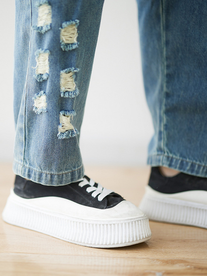Women's Stylish Cartoon Embroidery Jeans Loose Bottom