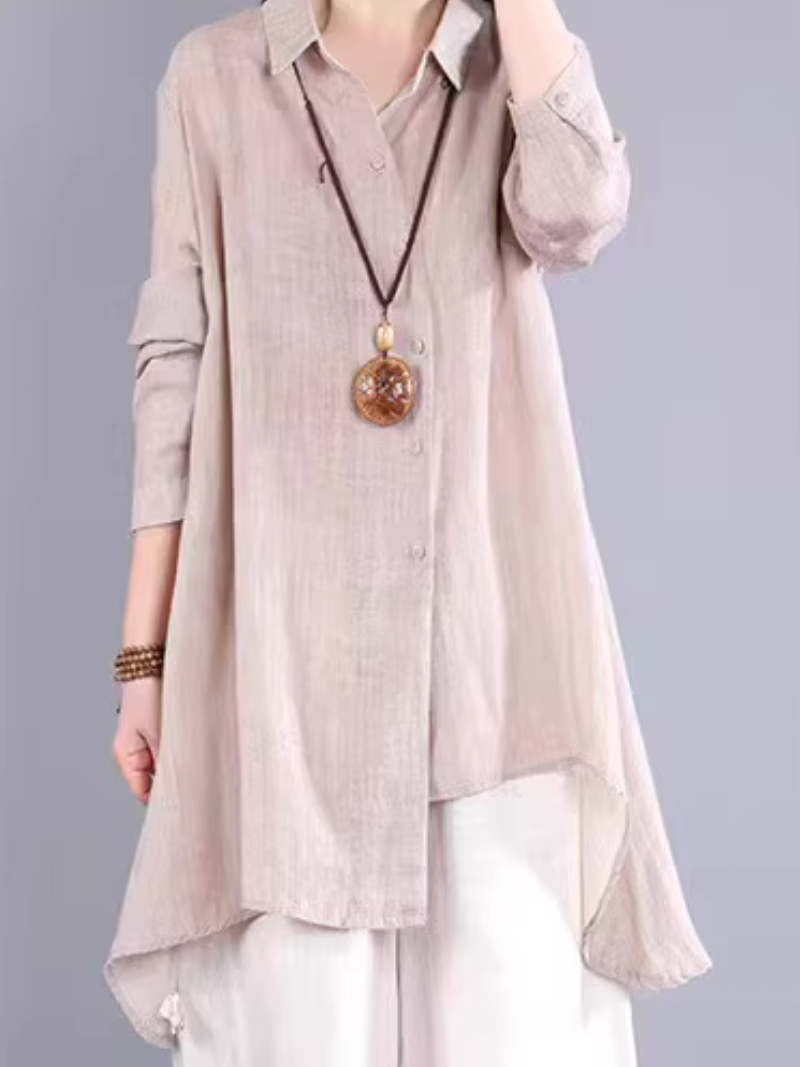 Asymmetric Longline Linen Shirt Tunic in Cotton Linen Blend, Refined