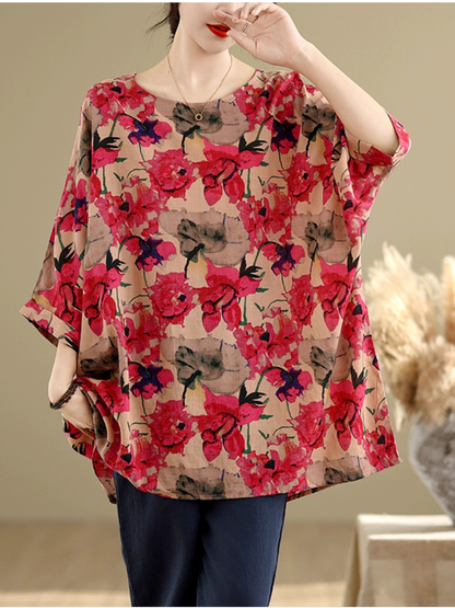 Artful Floral Tunic Blouse in Cotton&Flax with Batwing Draping