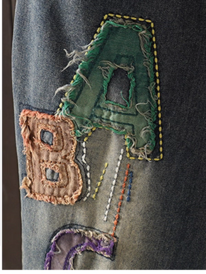 Women's  Perfect Retro Jeans Embroidered  Patch Loose Bottom