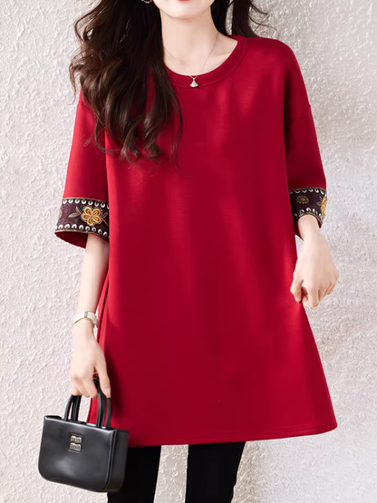Embroidered Sleeve A-Line Tunic Top for Effortless Chic Everyday Style
