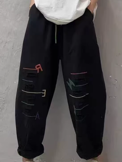 Chic Cotton Drawstring Tapered Pants with Artful Slashes for Women
